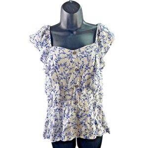MOA MOA Women's Blue Floral Print‎ Square Neck Peplum Top Blouse size L